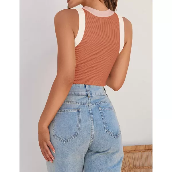 imageZESICA Womens 2024 Summer Sleeveless Tank Tops Ribbed High Neck Racerback Slim Fitted Color Block Casual ShirtsCoral