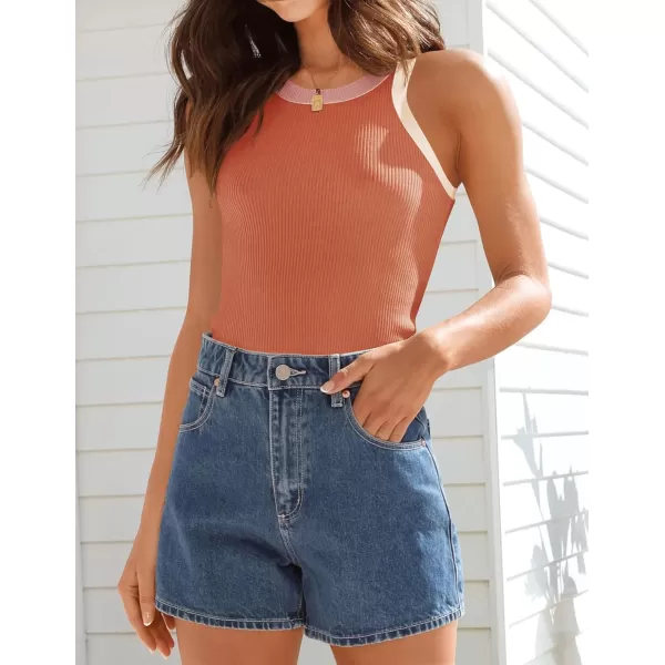 imageZESICA Womens 2024 Summer Sleeveless Tank Tops Ribbed High Neck Racerback Slim Fitted Color Block Casual ShirtsCoral