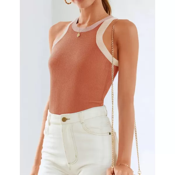 imageZESICA Womens 2024 Summer Sleeveless Tank Tops Ribbed High Neck Racerback Slim Fitted Color Block Casual ShirtsCoral