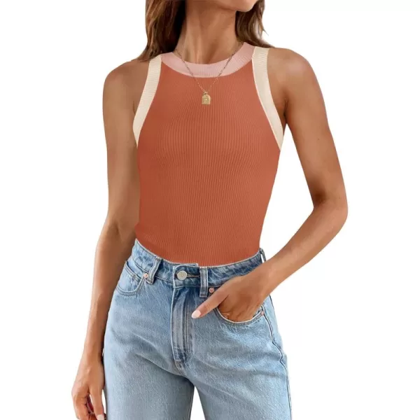 imageZESICA Womens 2024 Summer Sleeveless Tank Tops Ribbed High Neck Racerback Slim Fitted Color Block Casual ShirtsCoral