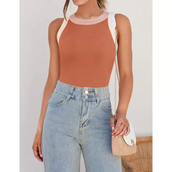 imageZESICA Womens 2024 Summer Sleeveless Tank Tops Ribbed High Neck Racerback Slim Fitted Color Block Casual ShirtsCoral
