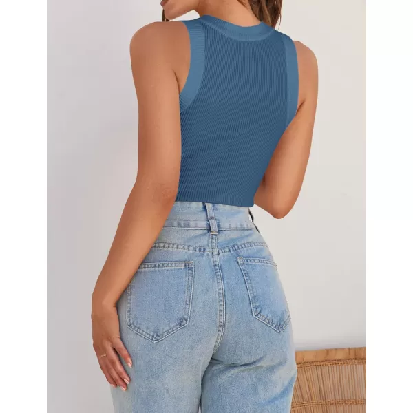 imageZESICA Womens 2024 Summer Sleeveless Tank Tops Ribbed High Neck Racerback Slim Fitted Color Block Casual ShirtsDarkblue