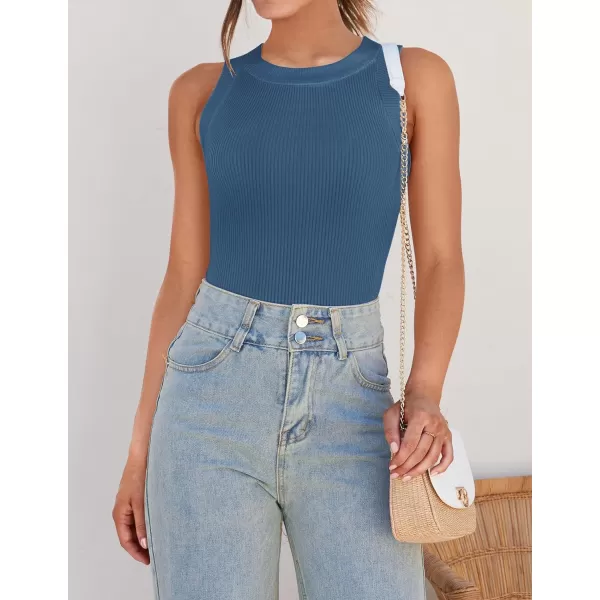 imageZESICA Womens 2024 Summer Sleeveless Tank Tops Ribbed High Neck Racerback Slim Fitted Color Block Casual ShirtsDarkblue