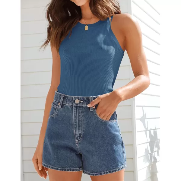 imageZESICA Womens 2024 Summer Sleeveless Tank Tops Ribbed High Neck Racerback Slim Fitted Color Block Casual ShirtsDarkblue