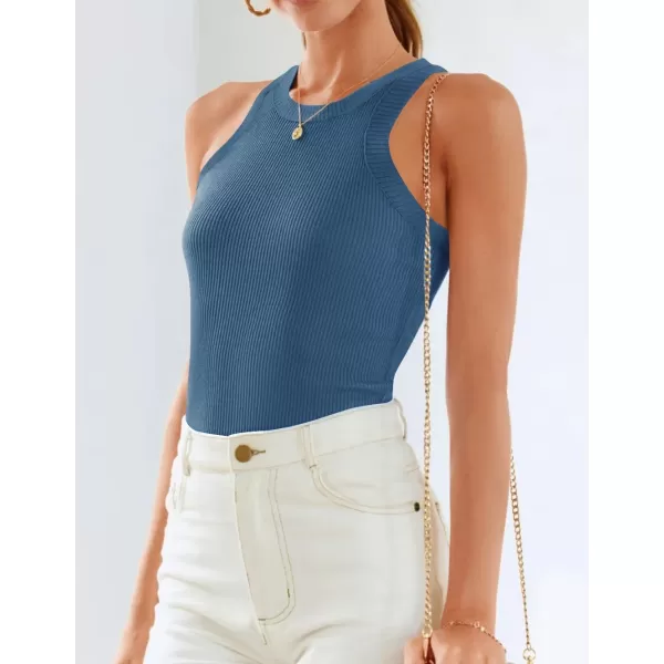 imageZESICA Womens 2024 Summer Sleeveless Tank Tops Ribbed High Neck Racerback Slim Fitted Color Block Casual ShirtsDarkblue