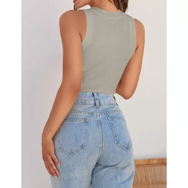 imageZESICA Womens 2024 Summer Sleeveless Tank Tops Ribbed High Neck Racerback Slim Fitted Color Block Casual ShirtsFlaxen