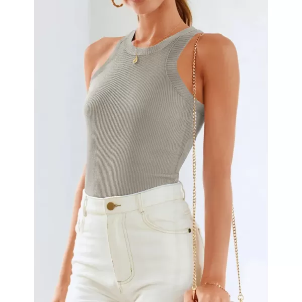 imageZESICA Womens 2024 Summer Sleeveless Tank Tops Ribbed High Neck Racerback Slim Fitted Color Block Casual ShirtsFlaxen