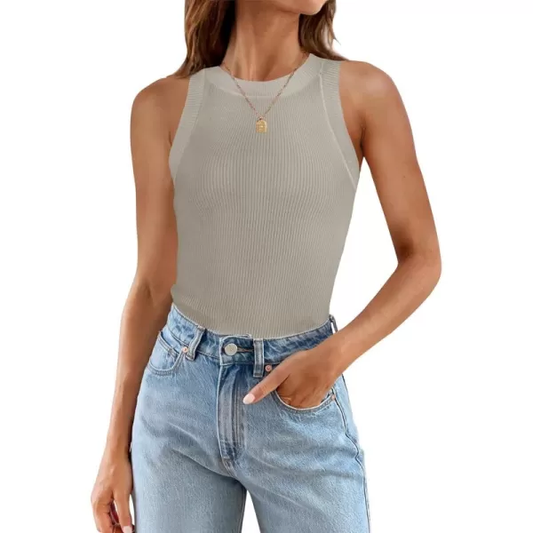 imageZESICA Womens 2024 Summer Sleeveless Tank Tops Ribbed High Neck Racerback Slim Fitted Color Block Casual ShirtsFlaxen