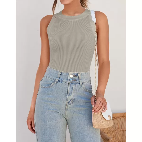 imageZESICA Womens 2024 Summer Sleeveless Tank Tops Ribbed High Neck Racerback Slim Fitted Color Block Casual ShirtsFlaxen