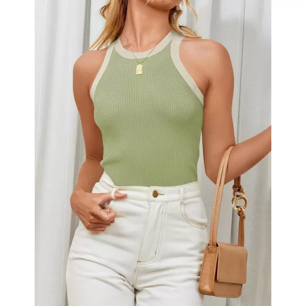 imageZESICA Womens 2024 Summer Sleeveless Tank Tops Ribbed High Neck Racerback Slim Fitted Color Block Casual ShirtsGreen