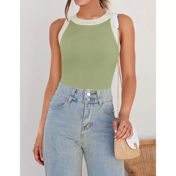 imageZESICA Womens 2024 Summer Sleeveless Tank Tops Ribbed High Neck Racerback Slim Fitted Color Block Casual ShirtsGreen
