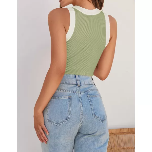 imageZESICA Womens 2024 Summer Sleeveless Tank Tops Ribbed High Neck Racerback Slim Fitted Color Block Casual ShirtsGreen