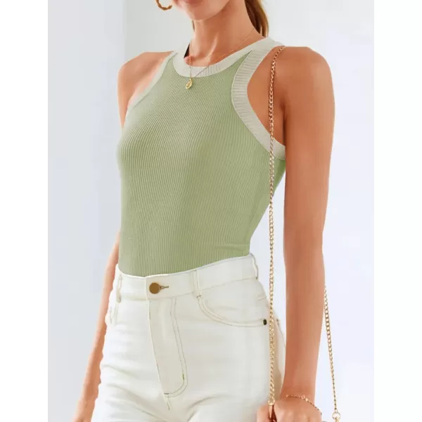 imageZESICA Womens 2024 Summer Sleeveless Tank Tops Ribbed High Neck Racerback Slim Fitted Color Block Casual ShirtsGreen
