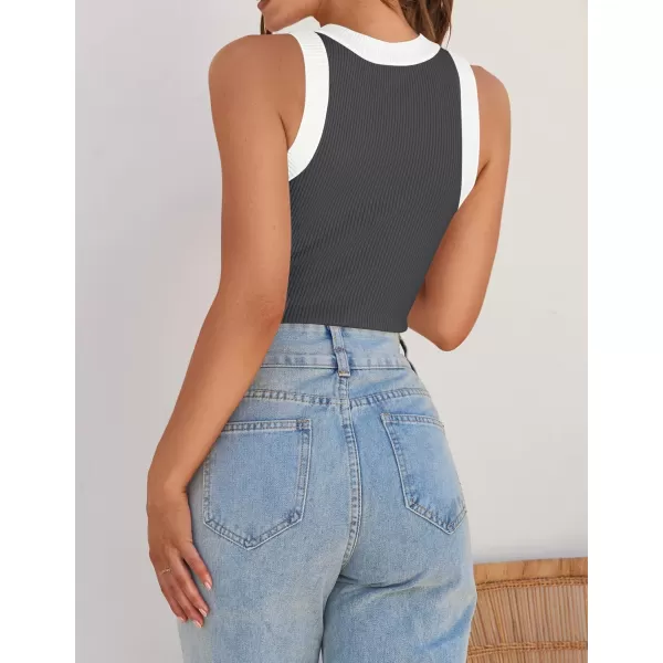 imageZESICA Womens 2024 Summer Sleeveless Tank Tops Ribbed High Neck Racerback Slim Fitted Color Block Casual ShirtsGrey