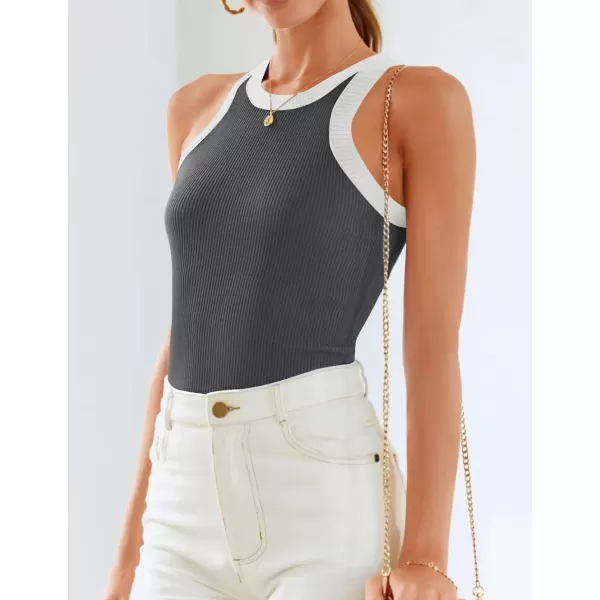 imageZESICA Womens 2024 Summer Sleeveless Tank Tops Ribbed High Neck Racerback Slim Fitted Color Block Casual ShirtsGrey