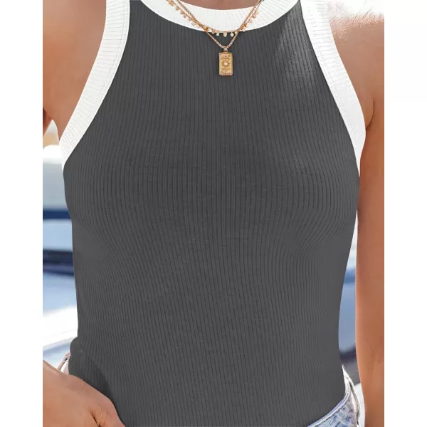 imageZESICA Womens 2024 Summer Sleeveless Tank Tops Ribbed High Neck Racerback Slim Fitted Color Block Casual ShirtsGrey