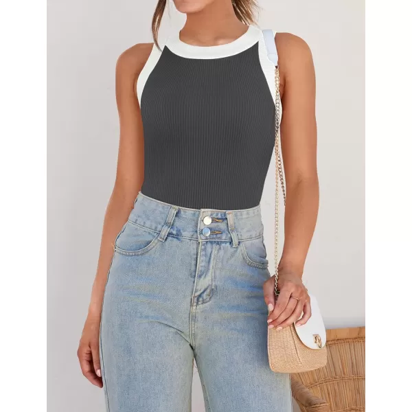 imageZESICA Womens 2024 Summer Sleeveless Tank Tops Ribbed High Neck Racerback Slim Fitted Color Block Casual ShirtsGrey