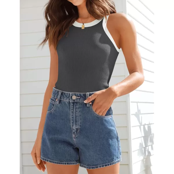 imageZESICA Womens 2024 Summer Sleeveless Tank Tops Ribbed High Neck Racerback Slim Fitted Color Block Casual ShirtsGrey