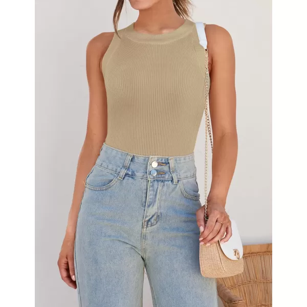 imageZESICA Womens 2024 Summer Sleeveless Tank Tops Ribbed High Neck Racerback Slim Fitted Color Block Casual ShirtsKhaki