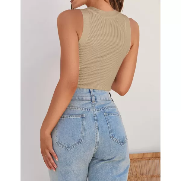 imageZESICA Womens 2024 Summer Sleeveless Tank Tops Ribbed High Neck Racerback Slim Fitted Color Block Casual ShirtsKhaki