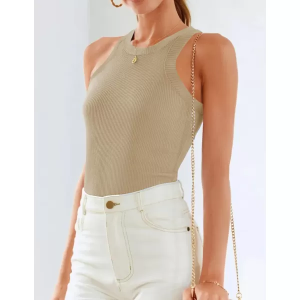 imageZESICA Womens 2024 Summer Sleeveless Tank Tops Ribbed High Neck Racerback Slim Fitted Color Block Casual ShirtsKhaki