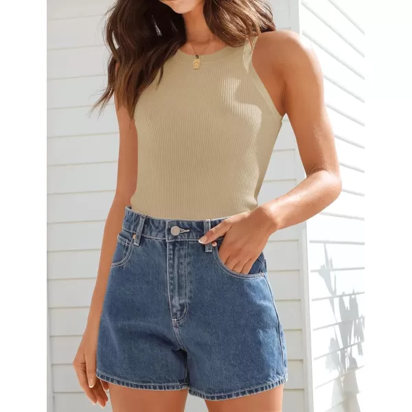 imageZESICA Womens 2024 Summer Sleeveless Tank Tops Ribbed High Neck Racerback Slim Fitted Color Block Casual ShirtsKhaki