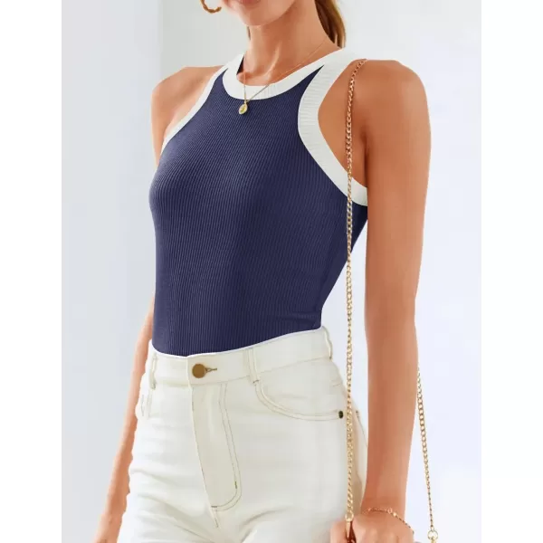 imageZESICA Womens 2024 Summer Sleeveless Tank Tops Ribbed High Neck Racerback Slim Fitted Color Block Casual ShirtsNavy