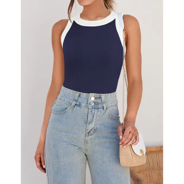 imageZESICA Womens 2024 Summer Sleeveless Tank Tops Ribbed High Neck Racerback Slim Fitted Color Block Casual ShirtsNavy