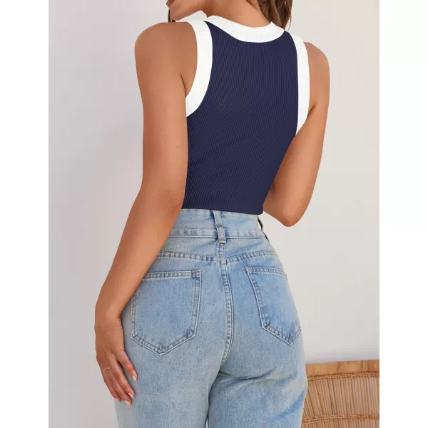 imageZESICA Womens 2024 Summer Sleeveless Tank Tops Ribbed High Neck Racerback Slim Fitted Color Block Casual ShirtsNavy