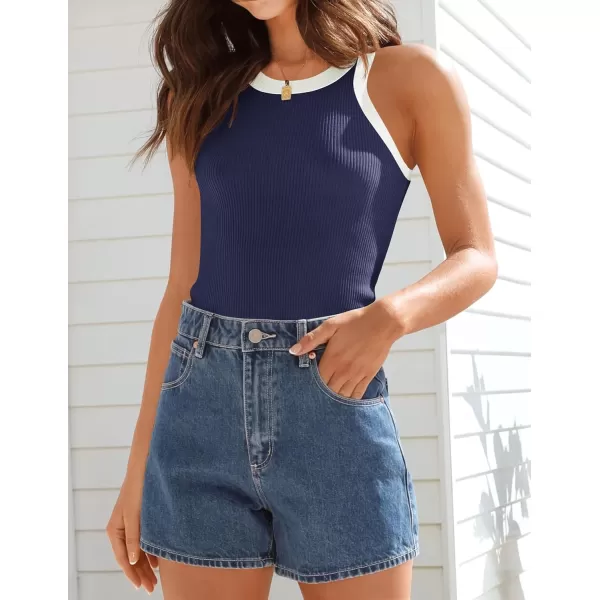 imageZESICA Womens 2024 Summer Sleeveless Tank Tops Ribbed High Neck Racerback Slim Fitted Color Block Casual ShirtsNavy