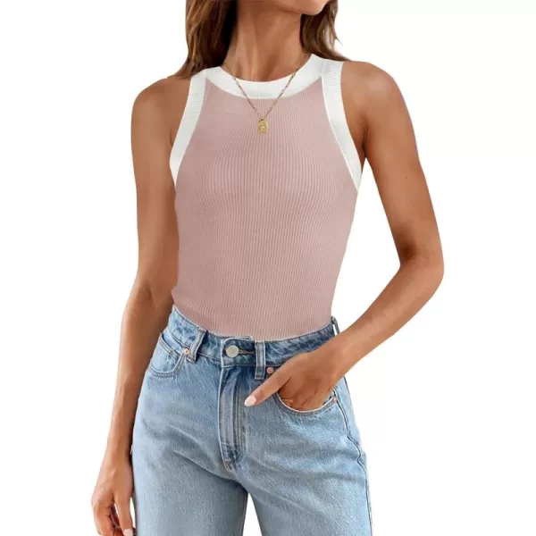 imageZESICA Womens 2024 Summer Sleeveless Tank Tops Ribbed High Neck Racerback Slim Fitted Color Block Casual ShirtsPink