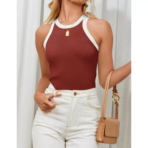 imageZESICA Womens 2024 Summer Sleeveless Tank Tops Ribbed High Neck Racerback Slim Fitted Color Block Casual ShirtsRed