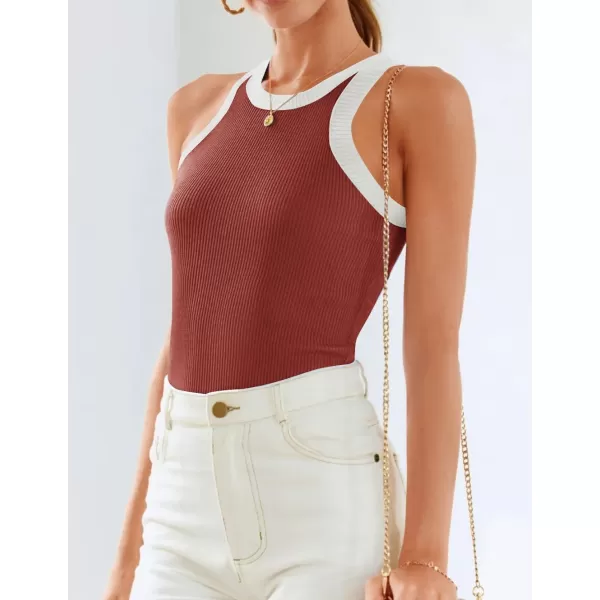 imageZESICA Womens 2024 Summer Sleeveless Tank Tops Ribbed High Neck Racerback Slim Fitted Color Block Casual ShirtsRed