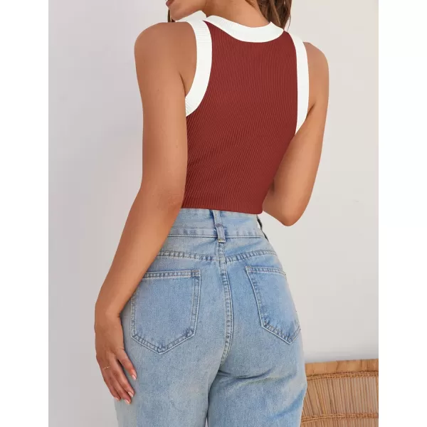 imageZESICA Womens 2024 Summer Sleeveless Tank Tops Ribbed High Neck Racerback Slim Fitted Color Block Casual ShirtsRed