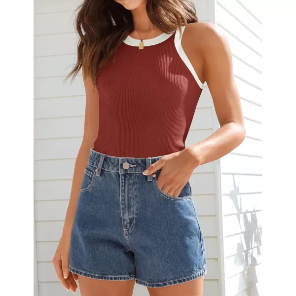 imageZESICA Womens 2024 Summer Sleeveless Tank Tops Ribbed High Neck Racerback Slim Fitted Color Block Casual ShirtsRed