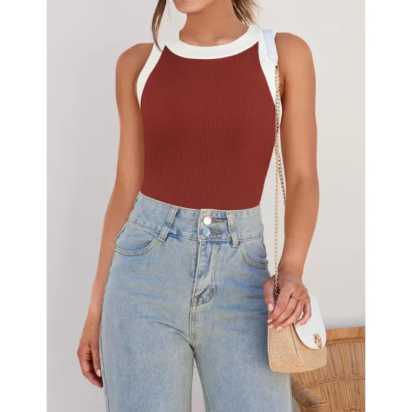 imageZESICA Womens 2024 Summer Sleeveless Tank Tops Ribbed High Neck Racerback Slim Fitted Color Block Casual ShirtsRed