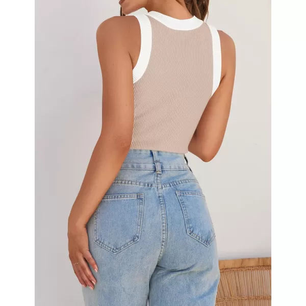imageZESICA Womens 2024 Summer Sleeveless Tank Tops Ribbed High Neck Racerback Slim Fitted Color Block Casual ShirtsSand