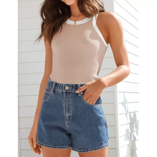 imageZESICA Womens 2024 Summer Sleeveless Tank Tops Ribbed High Neck Racerback Slim Fitted Color Block Casual ShirtsSand