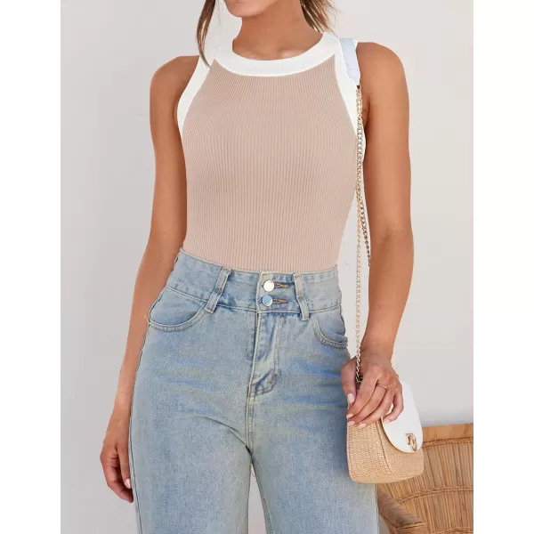 imageZESICA Womens 2024 Summer Sleeveless Tank Tops Ribbed High Neck Racerback Slim Fitted Color Block Casual ShirtsSand
