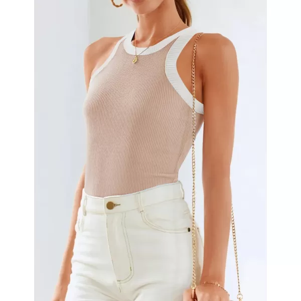 imageZESICA Womens 2024 Summer Sleeveless Tank Tops Ribbed High Neck Racerback Slim Fitted Color Block Casual ShirtsSand
