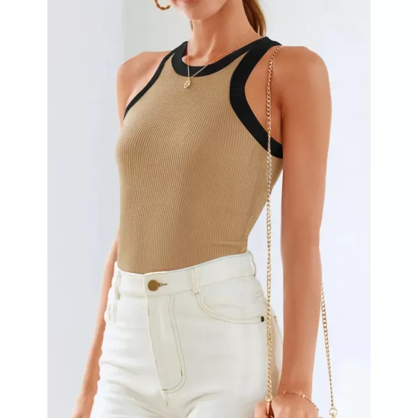 imageZESICA Womens 2024 Summer Sleeveless Tank Tops Ribbed High Neck Racerback Slim Fitted Color Block Casual ShirtsToffee