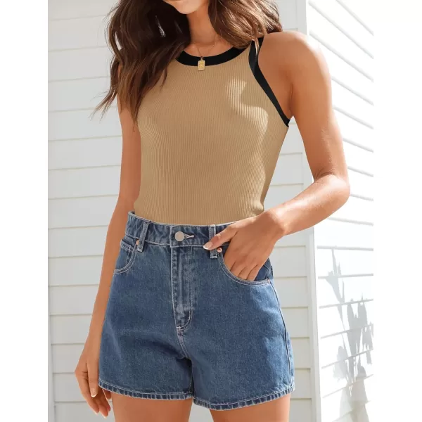 imageZESICA Womens 2024 Summer Sleeveless Tank Tops Ribbed High Neck Racerback Slim Fitted Color Block Casual ShirtsToffee