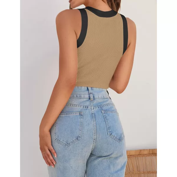 imageZESICA Womens 2024 Summer Sleeveless Tank Tops Ribbed High Neck Racerback Slim Fitted Color Block Casual ShirtsToffee
