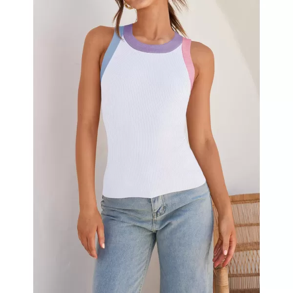 imageZESICA Womens 2024 Summer Sleeveless Tank Tops Ribbed High Neck Racerback Slim Fitted Color Block Casual ShirtsWhite
