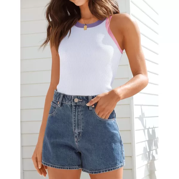 imageZESICA Womens 2024 Summer Sleeveless Tank Tops Ribbed High Neck Racerback Slim Fitted Color Block Casual ShirtsWhite