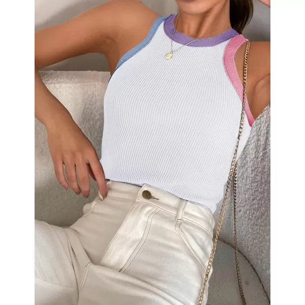 imageZESICA Womens 2024 Summer Sleeveless Tank Tops Ribbed High Neck Racerback Slim Fitted Color Block Casual ShirtsWhite