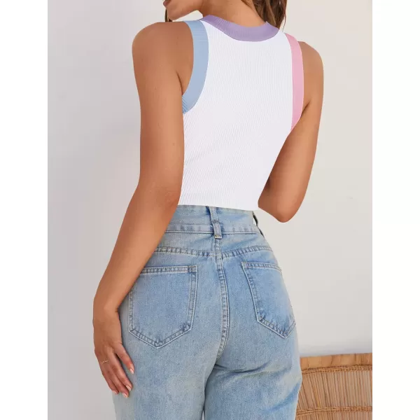 imageZESICA Womens 2024 Summer Sleeveless Tank Tops Ribbed High Neck Racerback Slim Fitted Color Block Casual ShirtsWhite