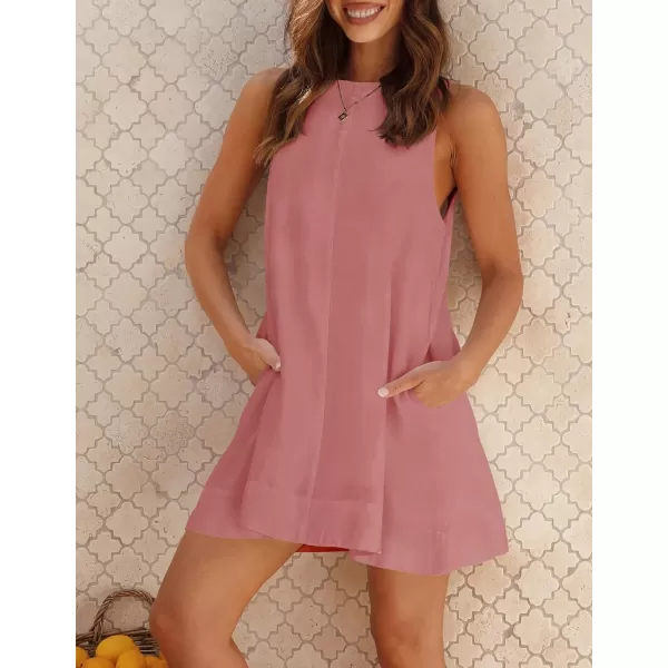 imageZESICA Womens 2024 Summer Sleeveless Tunic Mini Dress Casual Crew Neck Backless Sundress Loose Flowy Short Tank DressesRose Pink