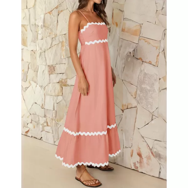 imageZESICA Womens 2024 Summer Spaghetti Straps Sleeveless Backless Sundress Flowy Smocked Lace Swing A Line Midi DressCoral Pink