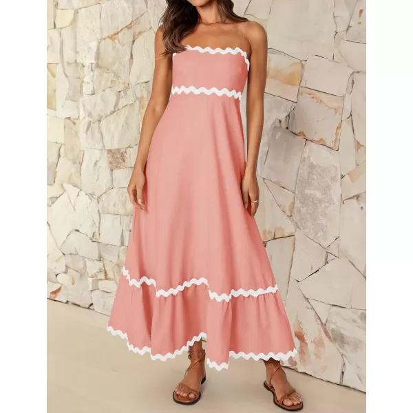 imageZESICA Womens 2024 Summer Spaghetti Straps Sleeveless Backless Sundress Flowy Smocked Lace Swing A Line Midi DressCoral Pink